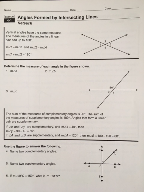 4.1 angles formed by intersecting lines evaluate homework and practice